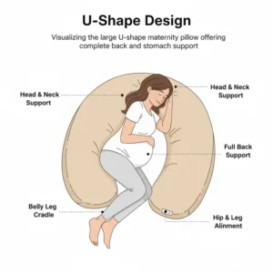 Visualizing the large U-shape maternity pillow offering complete back and stomach support for pregnant women.