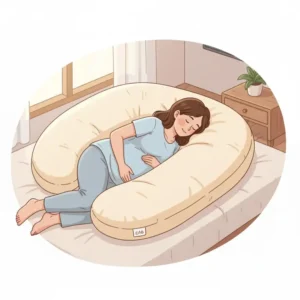 Overhead shot of a U-shaped pillow fully supporting a pregnant woman, often considered the best maternity pillow for hip pain and full-body comfort.