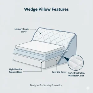 Close-up of the wedge pillow for snoring prevention materials, highlighting the breathable cover and comfortable memory foam construction.