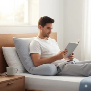 Man sitting in bed, reading a book with a boyfriend pillow for back support.