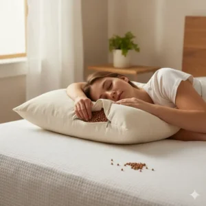 Adjusting the volume of hulls in the buckwheat pillow for personalized comfort. 