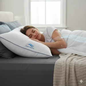 Detailed texture shot of the cover of a cooling bamboo pillow queen size, emphasizing its soft, hypoallergenic, and naturally cool material. 