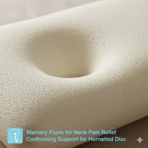 Close-up texture of memory foam material used in a pillow designed to alleviate neck pain from a herniated disc.