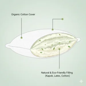 Diagram showing the breathable natural filling inside the organic cotton pillow eco friendly.