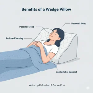 A peaceful sleeper using a wedge pillow for snoring prevention that provides comfortable support.