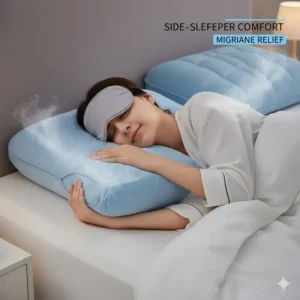 A comfortable side sleeper utilizing the specialized pillow for migraine sufferers cooling her head and neck. 