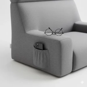 Close-up of a side pocket on the reading pillow with arm support to hold a phone or remote.