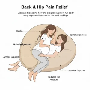 Diagram highlighting how the pregnancy pillow full body support alleviates pressure on the back and hips.