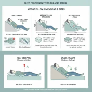 Visual guide on the proper usage of a wedge pillow for acid reflux relief and maximum torso elevation. 