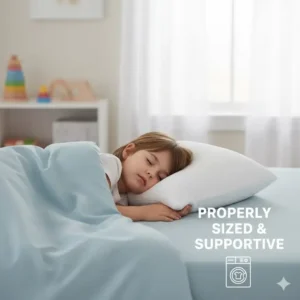 A child sleeping comfortably on the appropriately sized, supportive kids pillow hypoallergenic washable cover.