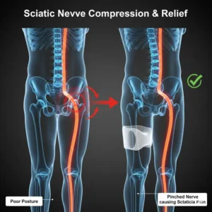 Medical illustration of how a misaligned spine affects the sciatic nerve, highlighting the need for a leg pillow for sciatica pain relief.