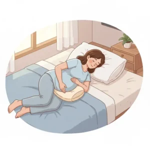 Small wedge pillow placed under a pregnant woman's belly and knee for targeted pressure relief, a candidate for the best maternity pillow for hip pain.
