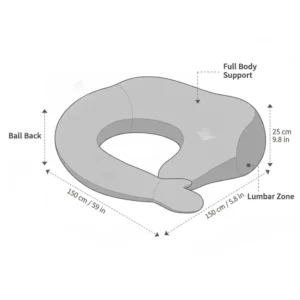 Diagram showing the dimensions and ergonomic shape of the boyfriend pillow for back support.