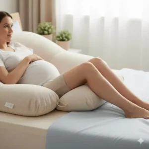 Close-up of body pillow helping with hip alignment and knee cushioning during pregnancy.