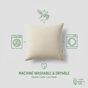 Graphic showing how easily the toddler pillow organic cotton safe is machine washable and dryable for hygiene.
