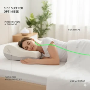 Woman sleeping on her side with a specialized cervical pillow for neck pain relief and shoulder support.