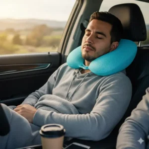 Man resting in a car with the cooling travel pillow compact size for neck support.
