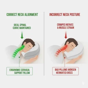 A comparison diagram showing correct (neutral) and incorrect neck posture while sleeping, emphasizing the benefit of the best pillow for herniated disc neck.