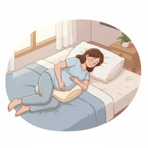 Close-up of a pregnant woman using a knee spacer pillow between her knees for hip alignment, a great option for the best maternity pillow for hip pain.