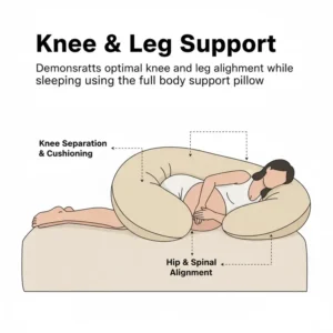 Close-up demonstrating the pillow's contouring shape for optimal knee and leg alignment while sleeping.