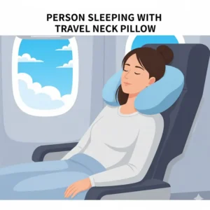 A peaceful passenger asleep upright in an airplane seat, using the travel neck pillow airplane memory foam for proper head and neck alignment.