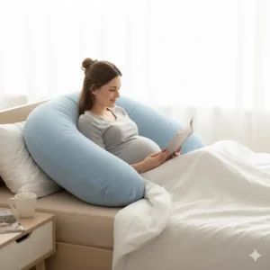 A woman using the u-shaped pregnancy pillow reviews for upright support while reading or nursing, highlighting the versatility. (Illustration 4)