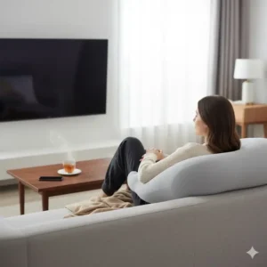 Woman relaxing on a couch, using a boyfriend pillow for back support while watching TV.