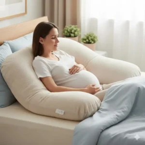 Body pillow for side sleepers preventing rolling and supporting the lower back during pregnancy.