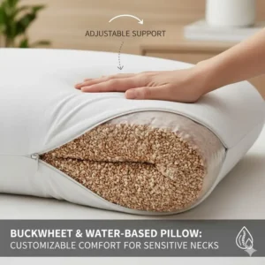 A photograph of a buckwheat or water-based pillow, highlighting its adjustable support properties, which can be ideal for a sensitive neck.