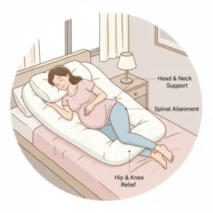 Diagram showing the optimal side sleeping position with a full-body pillow for pregnant women, illustrating the best maternity pillow for hip pain use.