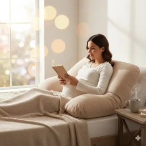 Photo of a pregnant mother using the pillow for comfortable back and arm support while sitting up to read.