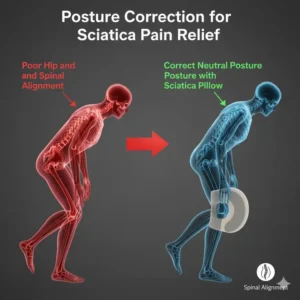 Visual comparison of poor posture versus correct, neutral posture achieved with the leg pillow for sciatica pain relief.