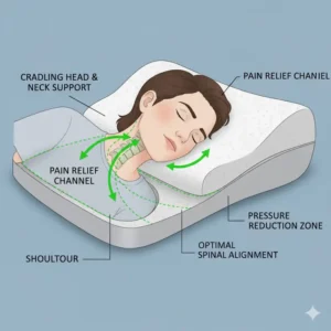 Schematic diagram highlighting the key zones of the orthopedic pillow for neck and shoulder pain designed to target pain relief.