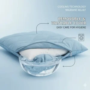 The removable and easily washable cover of the pillow for migraine sufferers cooling layer for hygiene. 