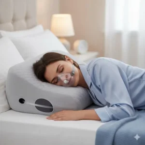 A view demonstrating the space or cutout on the pillow for sleep apnea side sleeping for a person wearing a nasal mask. (Illustration 5)