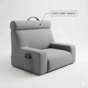 Side profile of the reading pillow with arm support, highlighting the convenient carrying handle.