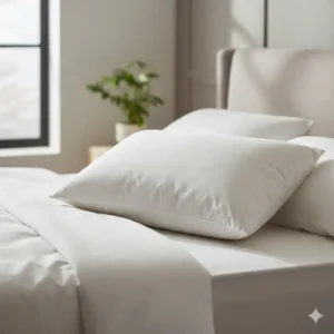 A shredded memory foam pillow adjustable loft resting neatly on a bed in a bedroom setting. 