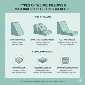 Comparison of different materials and types of wedge pillow for acid reflux relief and comfortable rest. 