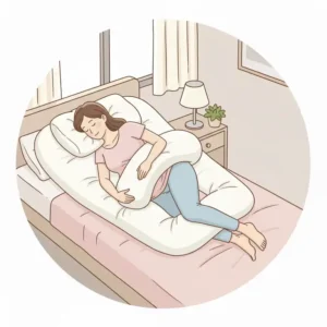 Pregnant woman adjusting her flexible pillow to specifically cushion her aching hips, demonstrating how to use the best maternity pillow for hip pain.