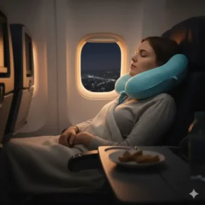 Sleeping comfortably on a plane using the cooling travel pillow compact size.