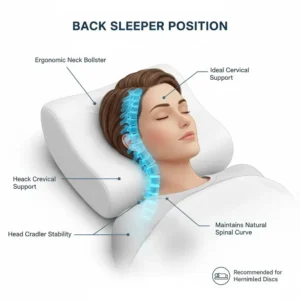 A visual showing a person lying on their back, demonstrating how the pillow supports the natural curve of the cervical spine in a back-sleeping position.
