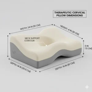 Size and dimension chart for the therapeutic cervical pillow for neck pain relief.