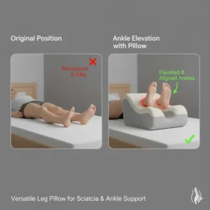 Photo demonstrating the versatile use of the leg pillow for sciatica pain relief to elevate and separate the ankles.