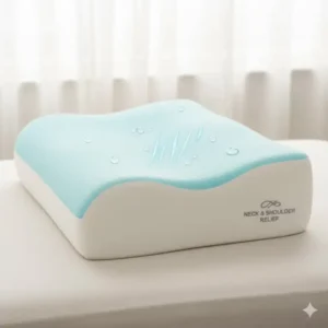 Product image featuring the innovative cooling gel technology on the orthopedic pillow for neck and shoulder pain for a restful sleep.