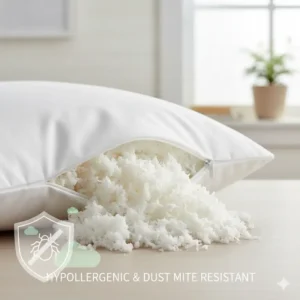 Detail highlighting the hypoallergenic properties of the shredded memory foam pillow adjustable loft filling and cover. 