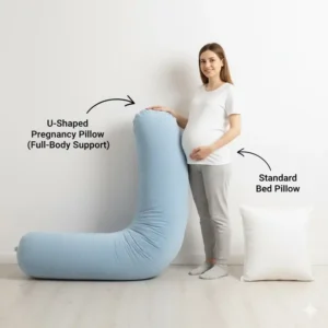 A comparison shot of a full-body u-shaped pregnancy pillow reviews next to a standard pillow to demonstrate its size and coverage. (Illustration 6)