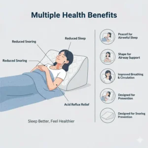 Elevated sleeping position with the wedge pillow for snoring prevention to help reduce symptoms of acid reflux while helping with snoring.