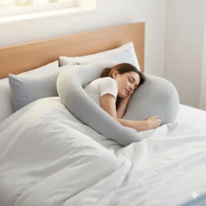Side sleeper receiving full body and boyfriend pillow for back support.