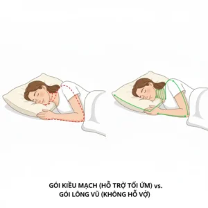 Comparison showing superior neck support from the buckwheat pillow versus a traditional feather pillow.