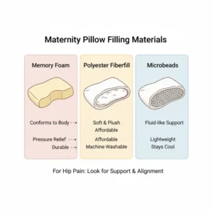 Infographic comparing different filling materials (memory foam, polyester) inside what could be the best maternity pillow for hip pain relief.